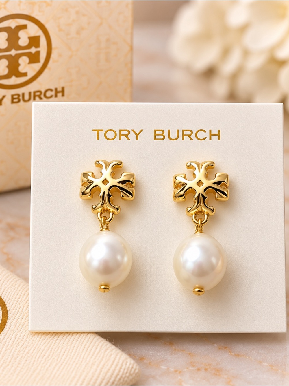 Tory Burch Gold-tone Logo with Pearl Drop Earrings